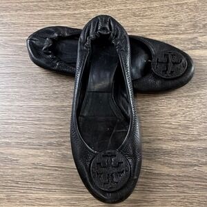 Tory Burch Reva Flats Black Pebbled Leather Logo Size 11  FAIR CONDITION